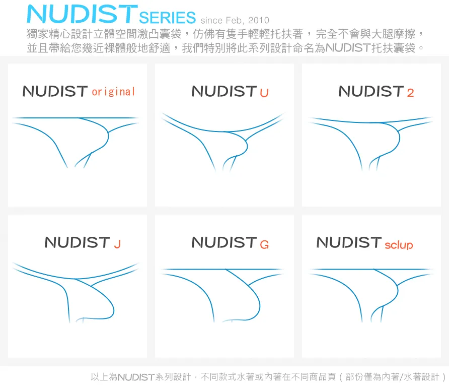 NUDIST series，獨家精心設計立體空間激凸囊袋，仿佛有隻手輕輕托扶著，完全不會與大腿摩擦，並且帶給您幾近裸體般地舒適，我們特別將此系列設計命名為NUDIST托扶囊袋（Born on Feb 05, 2010）
